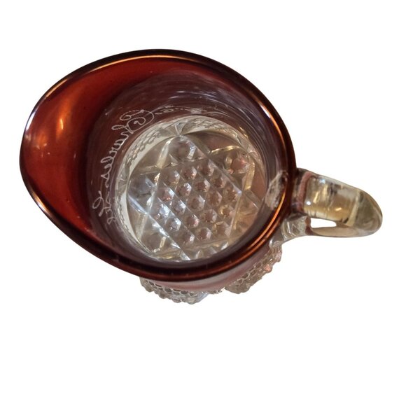 Antique 1909 Ruby Red Flash Glass Pitcher Small Etched Signature Clear Base - Picture 12 of 16